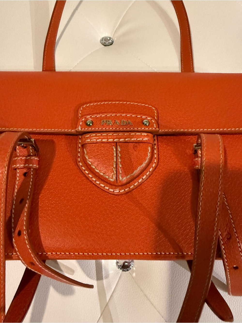 Prada Orange Double-Strap Leather Shoulder Bag - Vintage - Picture 7 of 13